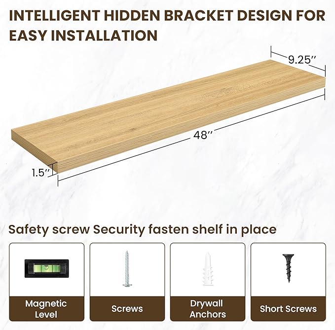 48 Inch Floating Shelves, 12 Inch Deep Floating Shelves for Wall, Large Floating Shelf with Invisible Brackets, Deep Shelves for Bathroom, Bedroom, Living Room, 1 Pack, Natural-CasaMuseHome