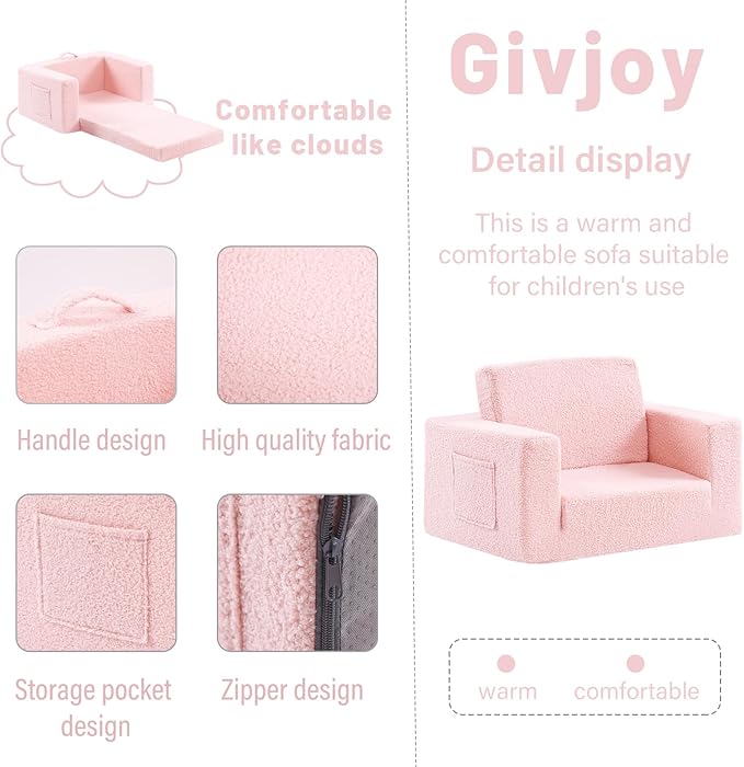 2-in-1 Toddler Chair Sherpa Couch - Soft Kids Lounger for Bedroom, Convertible Sofa for Girls and Boys, Reading Chair, Pink-CasaMuseHome