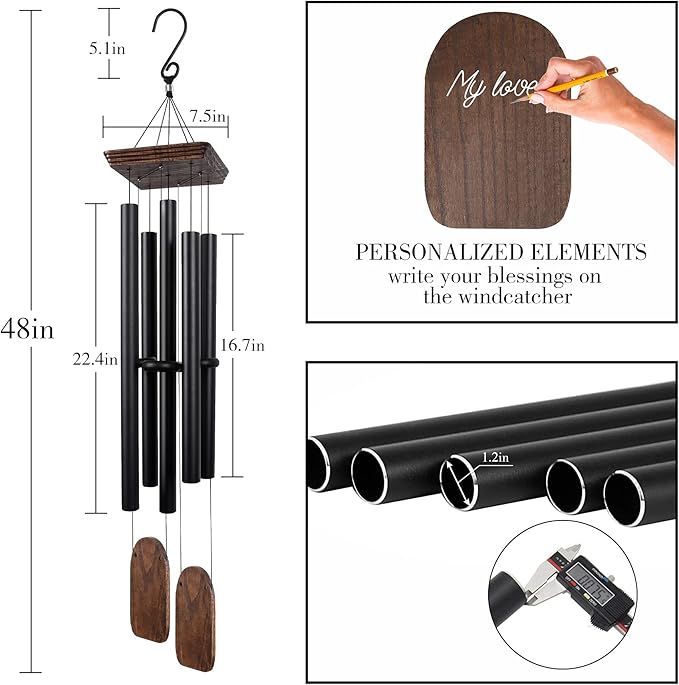 48" Large Wind Chimes for Outside Deep Tone, Wood Wind Chimes Outdoor Clearance, Memorial Gifts for Mother's Day and Christmas, Outdoor Decor for Garden, Patio, Yard(Big Wind Chime, Black)-CasaMuseHome