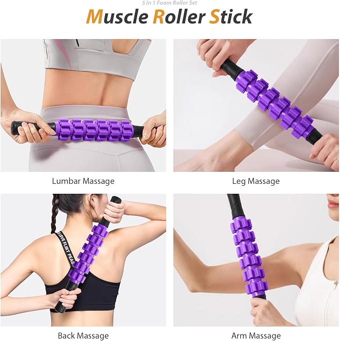 5 in 1 Foam Roller Set for Deep Tissue Muscle Massage, High Density Trigger Point Fitness Patented Exercise Foam Roller, Massage Roller, Massage Ball, Resistance Band, for Whole Body(Purple)-CasaMuseHome