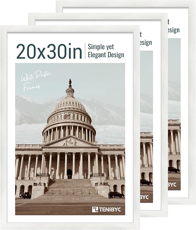 20x30 Poster Frame Set - 3 Pack, Textured White Solid Wood Picture Frame, Wall Gallery Frame - Wall Hanging-CasaMuseHome