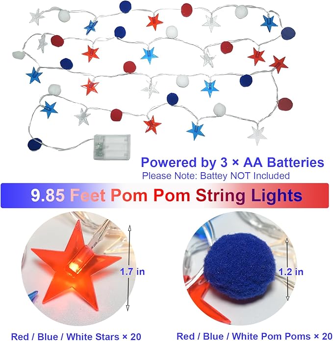 4th of July Decorations 9.85FT Red White and Blue Star String Lights Pom Pom Star Lights Battery Operated with Timer Fairy Lights for Independence Day Memorial Patriotic Fourth of July Decor for Home-CasaMuseHome
