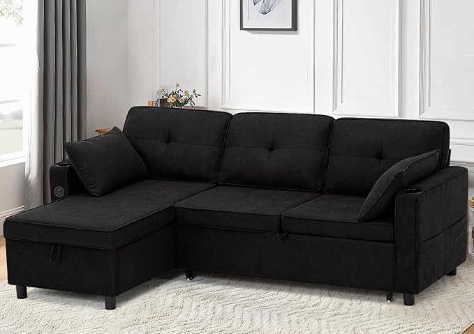 84 Inches Fabric Sectional Sofa w/Pull Out Sofa Bed & Adjustable Back, Tufted L Shaped Couch w/Storage Chaise, Sleeper Sectional Sofa w/USB Port & Cup Holders for Living Room, Black-CasaMuseHome
