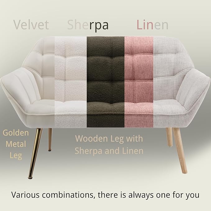 48”Small Loveseat Sofa, Modern Velvet Upholstered Mini Couch 2-Seater Fluffy Love Seat with Quilting Backs and Metal Legs for Small Space Living Room, Bedroom, Beige-CasaMuseHome