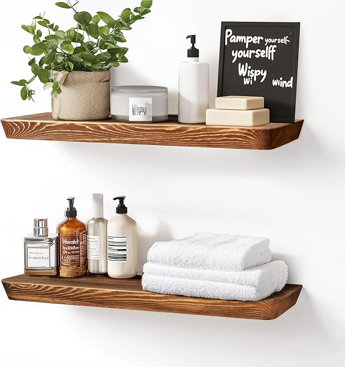 24"x6.8"x1.6" Slanted Floating Wall Shelves 2-Pack - Rustic Brown Finish, Heavy-Duty Solid Wood Design with Hidden Brackets - Perfect for Living Room, Kitchen, Bathroom, or Office-CasaMuseHome