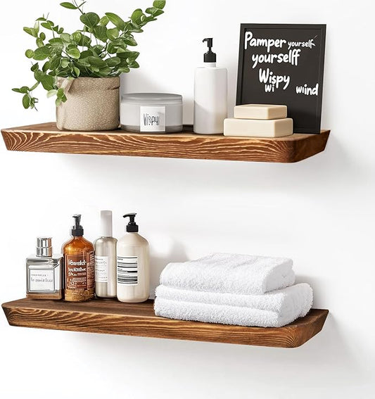 24"x6.8"x1.6" Slanted Floating Wall Shelves 2-Pack - Rustic Brown Finish, Heavy-Duty Solid Wood Design with Hidden Brackets - Perfect for Living Room, Kitchen, Bathroom, or Office-CasaMuseHome