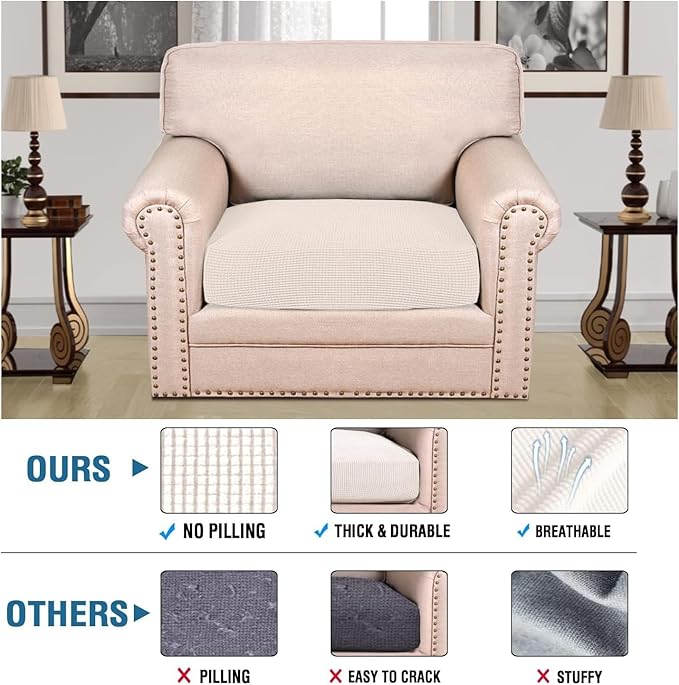 H.VERSAILTEX Super Stretch Individual Seat Cushion Covers Sofa Covers Couch Cushion Covers Slipcover Sets Thick Jacquard Textured Twill Fabric (1 Piece Chair Cushion Cover, Ivory)-CasaMuseHome