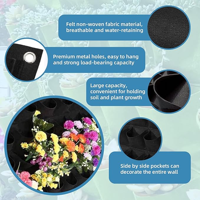 49 Pockets Hanging Planter Bags, Hanging Vertical Wall Mounted Plant Planting Grow Bags, Herb Garden Planter Outdoor Indoor Growing Bag, Gardening Vertical Greening Flower Container(1m×1m, Black)-CasaMuseHome