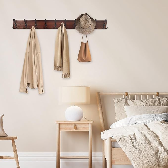 38.6'' Large Coat Rack Wall Mount Coat Hooks Coat Hanger with 10 Metal Black Triple- Hooks Brown Pine Real Wood Plank Hat Rack for Wall Hooks for Hanging Coat Hat Jacket-CasaMuseHome