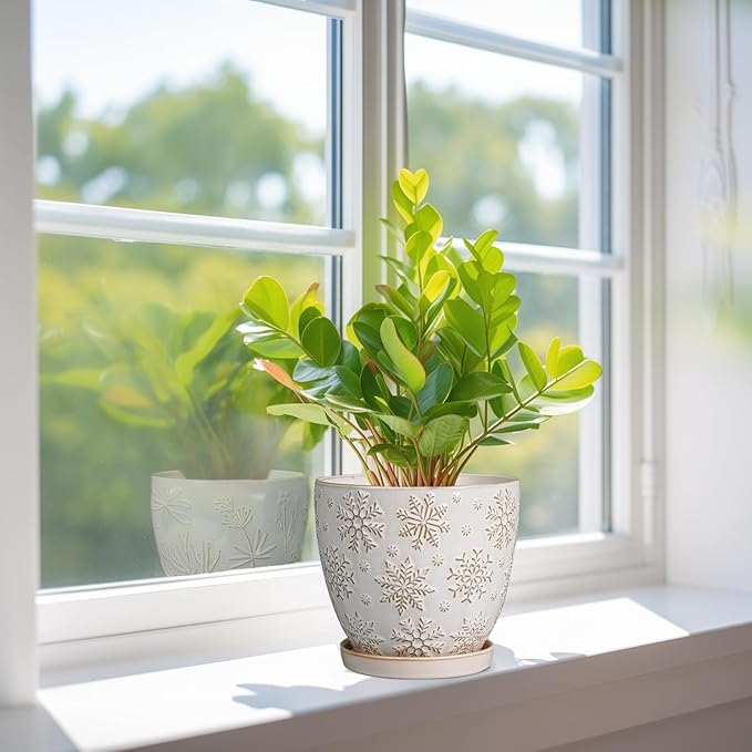 6.9 Inch Plant Pot with Drainage Hole and Saucer Ceramic Planter for Indoor Plant Flower Pot for Orchid Succulents Plants White-CasaMuseHome