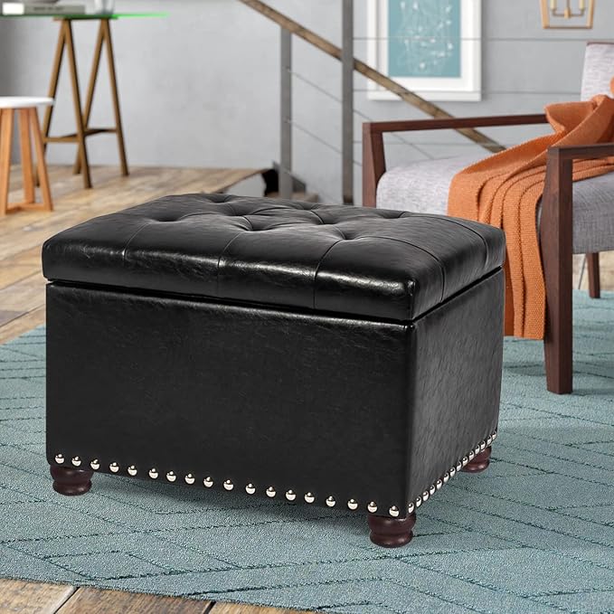 24'' Leather Storage Ottoman Rectangular Foot Rest Stool with Nailhead Trim Toy Chests & Storage Room Organizer for Bedroom Living Room(Black)-CasaMuseHome
