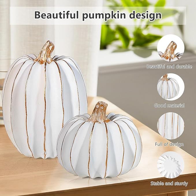 2Pcs Halloween Pumpkin Artificial Resin Pumpkins Decor for Mantel Harvest Autumn Tabletop Decoration Gold Fall Pumpkin Decorations Thanksgiving Table Centerpieces (Set C, ONE Size)-CasaMuseHome