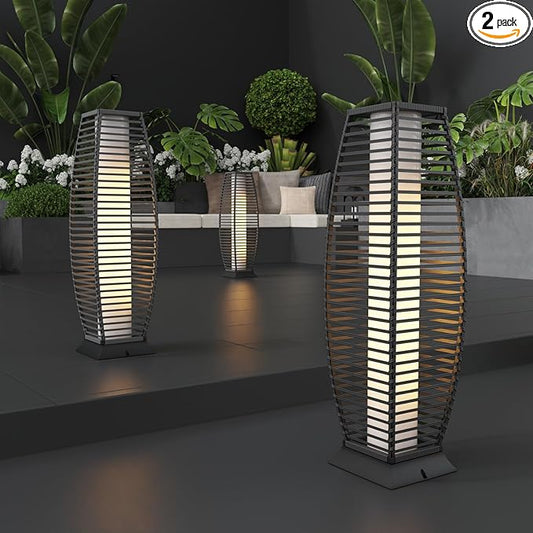 2 Pieces Outdoor Floor Lamp Weather-Resistant Outdoor Wicker Light Solar Powered Lantern Deck Lights for Patio Yard Garden-CasaMuseHome