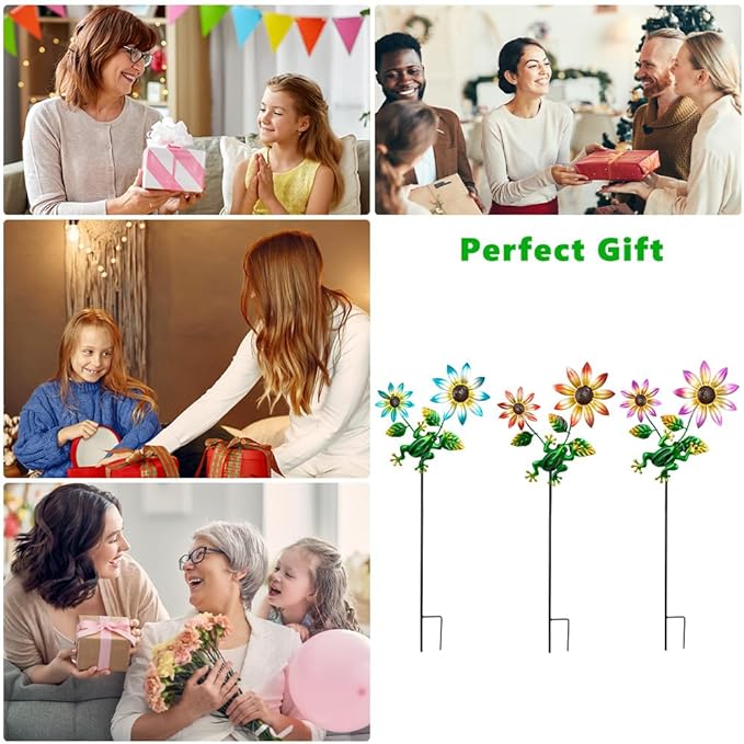 3 Pack Frog＆Flowers Garden Stakes Decor,Metal Yard Art Decorative Garden Stakes,Metal Flowers Spring Outdoor Decor for Mom,Women,Grandma-CasaMuseHome