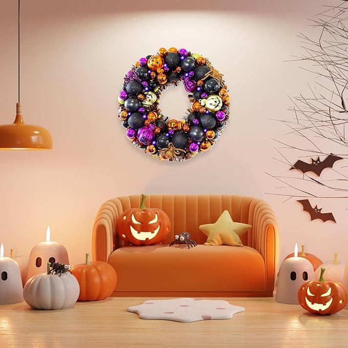 13.8 Inch Halloween Ball Wreath for Front Door with Lights, Lighted Cute Treat-or-Trick Door Wreath Ball Ornament for Halloween Indoor Decorations Centerpiece Party Holiday Wall Home Decor-CasaMuseHome