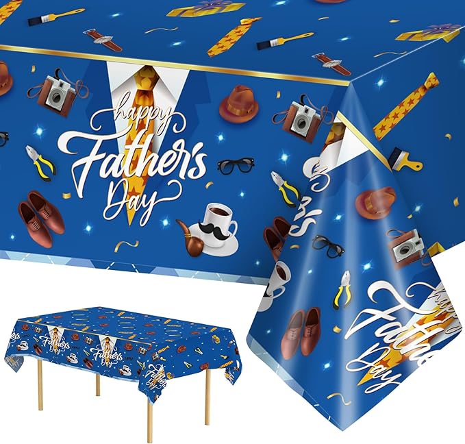 2 Pack Fathers Day Tablecloth - Happy Father's Day Table Cloth, Plastic Disposable Rectangle Blue Father Day Table Cover for Fathers Day Decorations Party Decor Supplies Favors,108 x 54 Inch-CasaMuseHome
