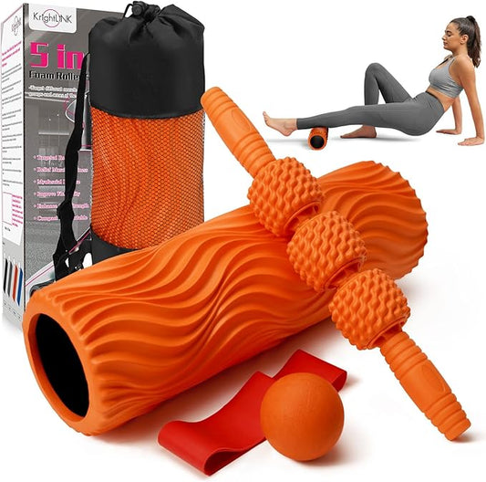 5-in-1 Foam Roller Set, Massage Roller Stick, Massage Ball, Resistance Band for Deep Muscle Massage, Trigger Point Release, Pilates, Yoga (Orange-Wave)-CasaMuseHome