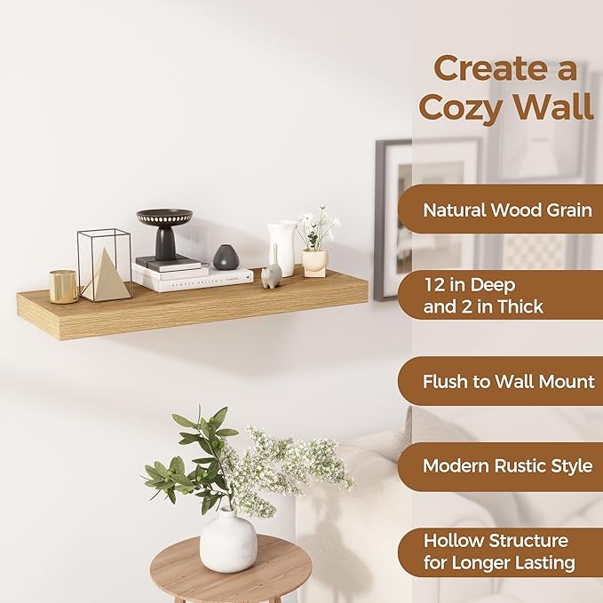30 Inch Floating Shelves, 12 Inch Deep Floating Shelves for Wall, Rustic Wood 30 x 12 Shelves for Wall Storage & Display, 2 Inch Thicked Floating Shelf for Bathroom, Living Room, Oak Color, 2 Pack-CasaMuseHome