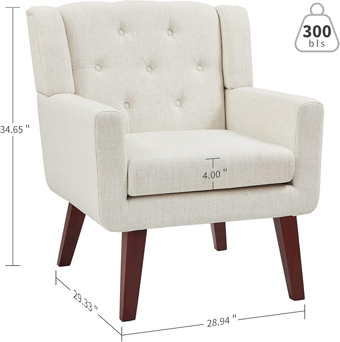 Accent Chair Button-Tufted Upholstered Living Room Chairs Comfy Reading Chair Mid Century Modern Chair with Linen Fabric Lounge Arm Chairs for Living Room Bedroom (Beige Set of 2)-CasaMuseHome
