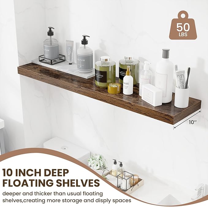 48 Inch Floating Shelves for Wall - 10 Inch Deep Fireplace Mantel Shelf - Wood Floating Shelves for Wall - Large Storage Shelves Wall Mount for Living Room & Bedroom - Rustic Brown - Set of 1-CasaMuseHome