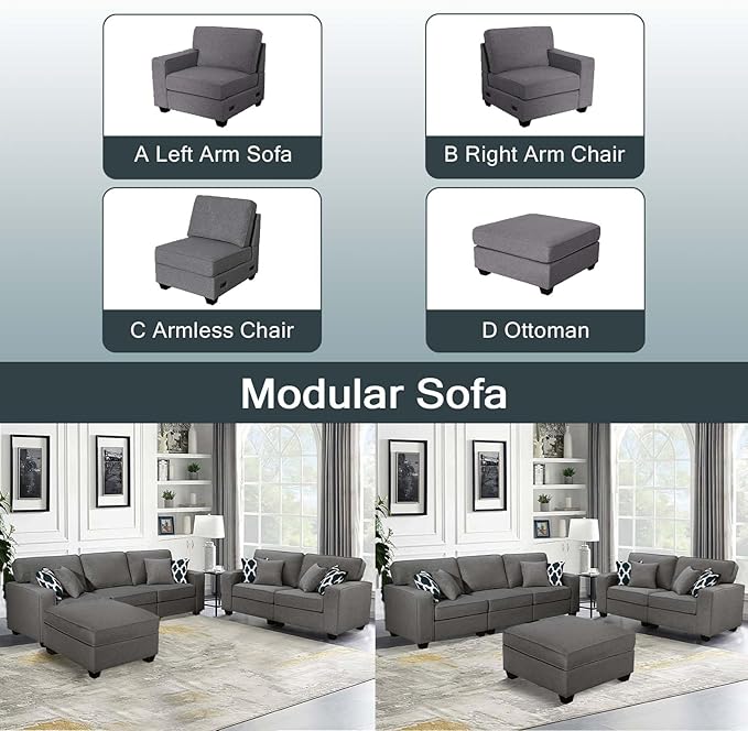 L Lengend Vansen Modular Sectional Sofa U Shaped Couch with Ottoman Modern Reversible Corner Sectional Couch for Living Room (Dark Grey, 2+3 with Ottoman)-CasaMuseHome