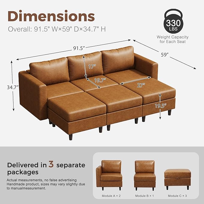 91.5" Luxury Modular Sleeper Sofa Bed with Storage Seat, 6 Seat Sectional Couch Deep Seat with Reversible Chaises & Removable Cover for Living Room - Faux Leather Brown-CasaMuseHome