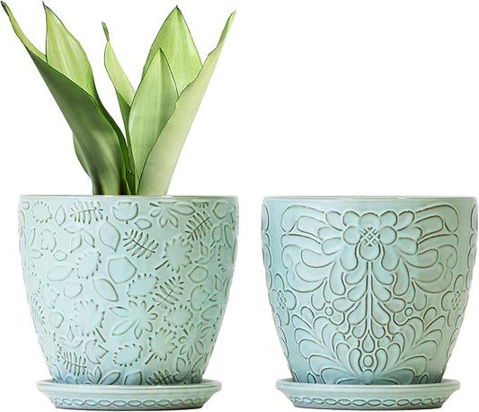 6 Inch Retro Ceramic Planter Set of 2 with Drainage Hole and Saucer for Plants, Indoor-Outdoor Garden Pots for Succulent, Orchid, and Flower (Fits Inner Pots Up to 5 Inches, Retro Green)-CasaMuseHome