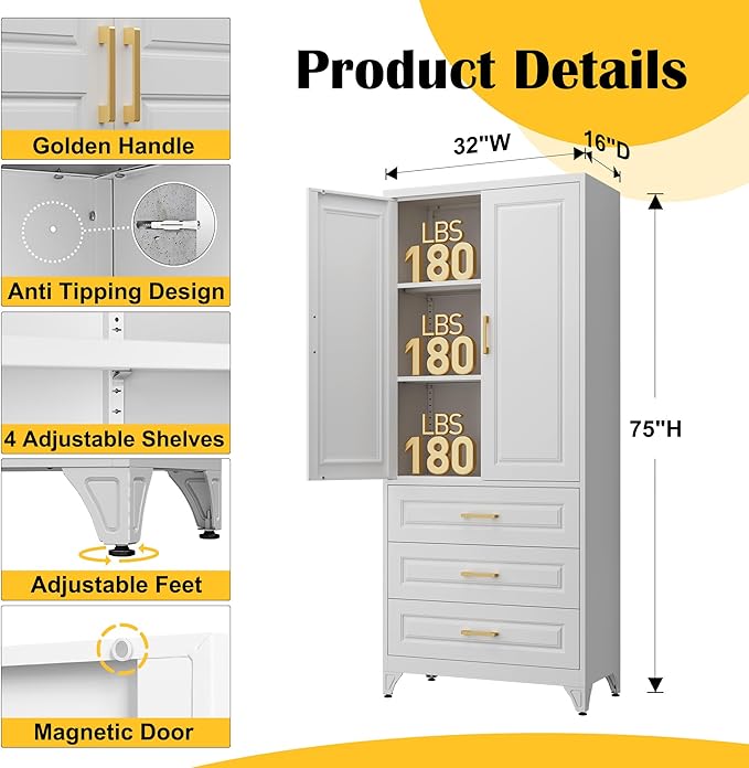 75" Kitchen Pantry Cabinet with 3 Drawer,Metal Storage Cabinets with Doors and 4 Adjustable Shelves,White Kitchen Cabinet with 2 Gold Handles,Food Cupboard for Livingroom,Pantry, Bathroom-CasaMuseHome