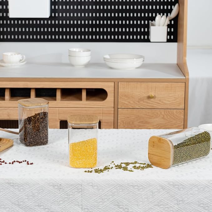 52oz Airtight Glass Square Storage Canister with Bamboo Lid Set of 3 (1550ml) Container Stackable Spice Jar, Kitchen Canister for Flour, Cookies, Cereal and Coffee beans (‎with Black Lable)-CasaMuseHome