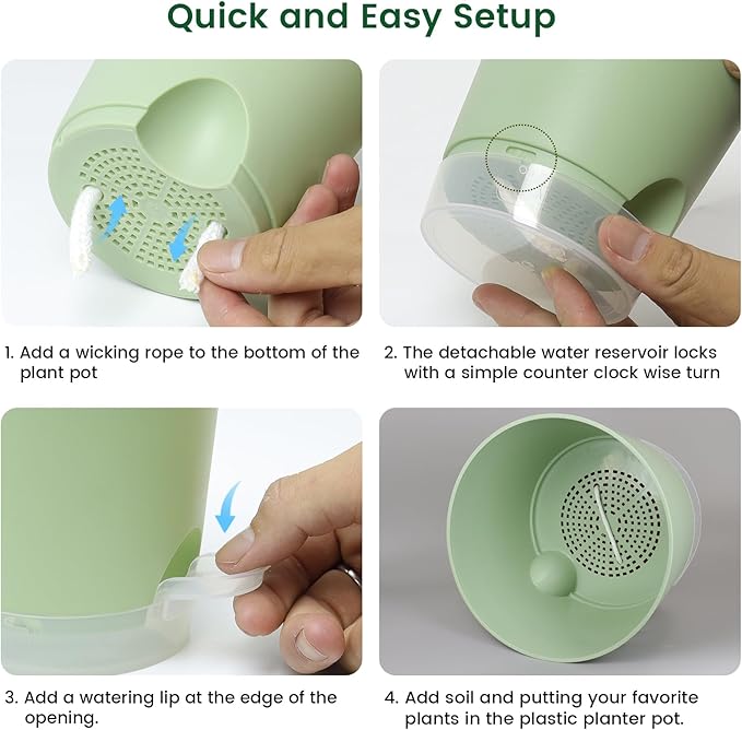 6 inch Self Watering Pots for Indoor Outdoor Plants, 3 Pack Flower Plant Pots with Drainage Holes and Clear Reservoirs, Visible Water Level, Plastic Planters with Wicking Rope, Green-CasaMuseHome