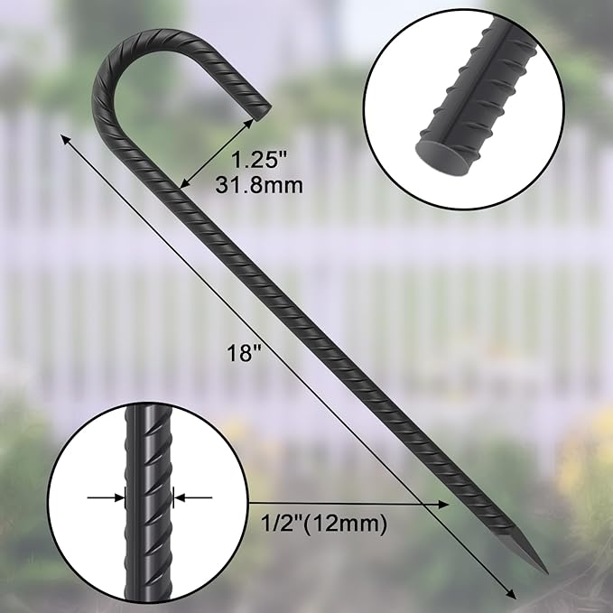 18 Inch Steel J Hook Rebar Ground Stakes 16 Pack 1/2 Inch Diameter Fence Stakes for Wire Fencing with Chisel Point End Metal Tent Stakes Heavy Duty for Outdoor Camping, Black-CasaMuseHome