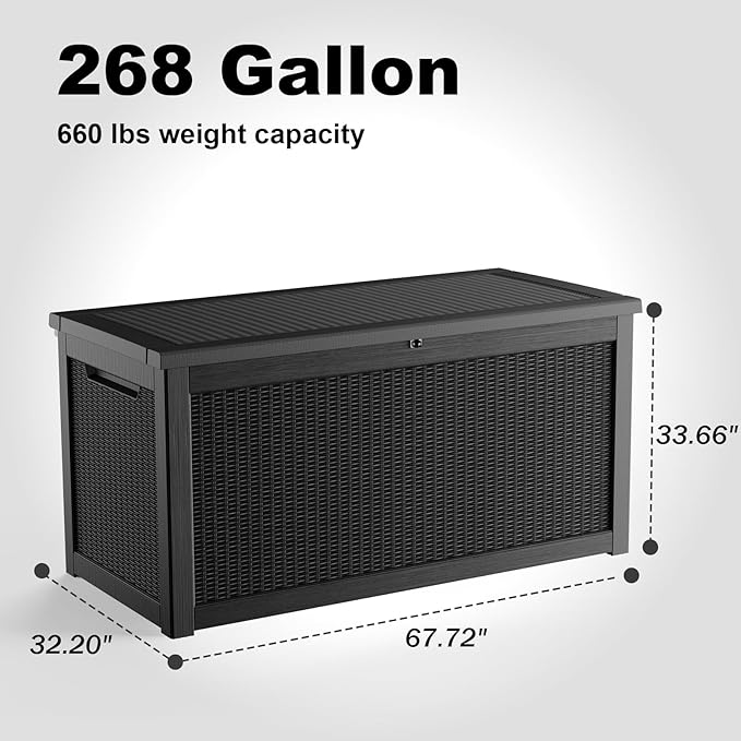268 Gallon Outdoor Deck Box,Storage Lockable Waterproof Patio Furniture,Garden Tools,Cushions,Pool Accessories Outside Storage Resin Box(Black)-CasaMuseHome