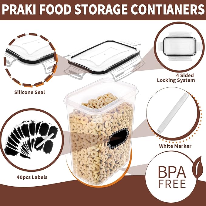 PRAKI Airtight Food Storage Containers Set with Lids - 24 PCS, BPA Free Kitchen and Pantry Organization, Plastic Leak-proof Canisters for Cereal Flour & Sugar - Labels & Marker-CasaMuseHome