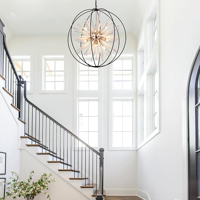 31.5" Black Gold 16-Light Globe Sputnik Chandelier Modern Industrial Adjustable Hanging Ceiling Pendant Light Fixture for Entryway Foyer Stairway Dining Living Room Hallway-CasaMuseHome