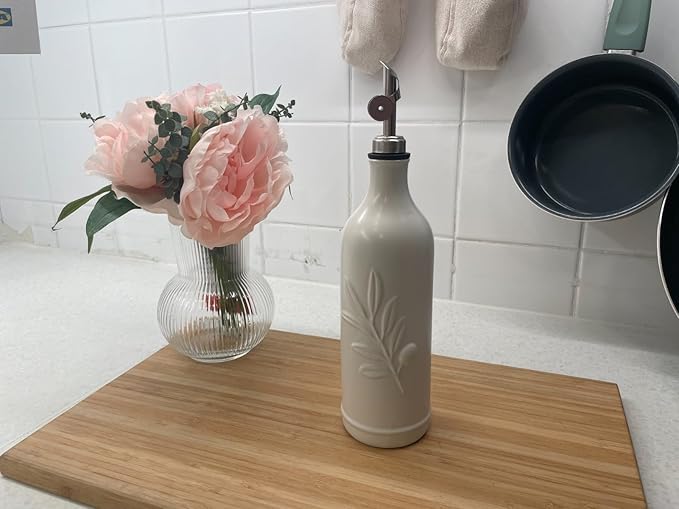20 Oz Ceramic Olive Oil Dispenser Bottle, with Stainless Steel Spout & Funnel, Ideal for Oil, Vinegar, Coffee Syrup & Liquids (White)-CasaMuseHome