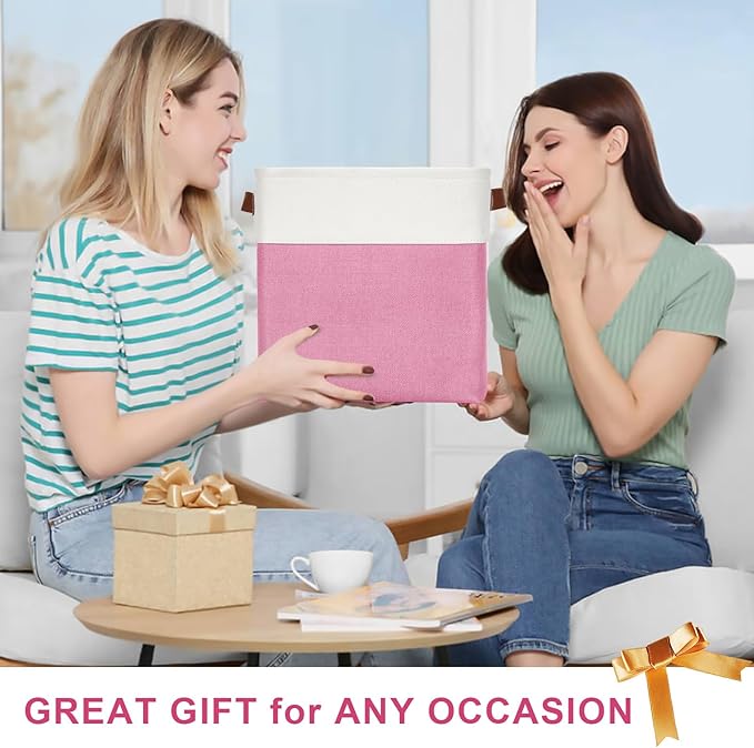 13x13 Cube Storage Bins, Collapsible Fabric Storage Box, 4 Pack Closet Baskets with Handles for Organizing, Shelf, Toys, Clothes, Home, Office, Nursery (Pink&White)-CasaMuseHome