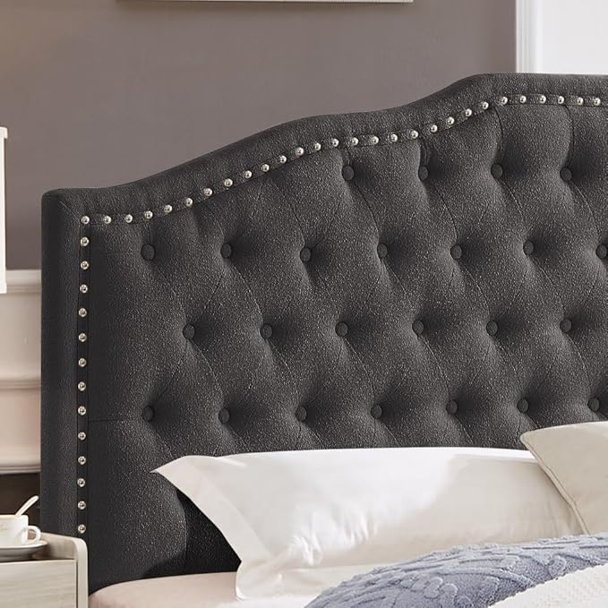 24KF Upholstered Button Tufted Queen Headboard with Nailhead Trim, Elegant Boucle Fabric Full headboard, 6031-Q-Boucle-Dark Green-CasaMuseHome