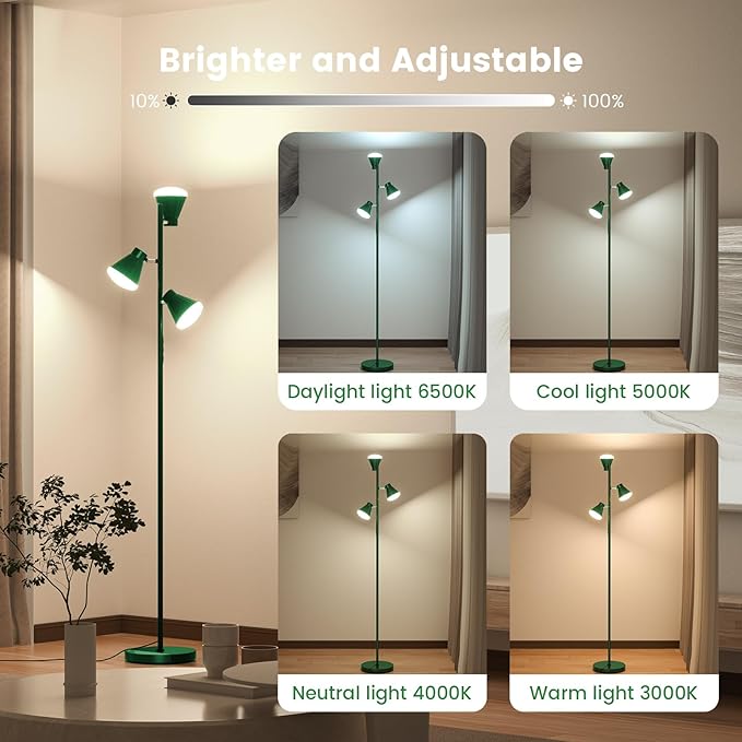 36W LED Tree Floor Lamp, Dimmable Tall Standing Lamp with Remote & Touch Control, 4 Color Temperatures Bright Floor Lamp, 3 Rotatable Light Modern Floor Lamps (Green)-CasaMuseHome