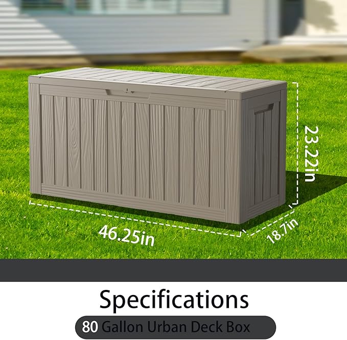 80 Gallon Outdoor Storage Box Waterproof Lockable Resin Deck Box Large, Patio Storage Bin for Pool Accessories Cushion Furniture, Garden Tools, UV-Resistant Outside Delivery Grey-CasaMuseHome