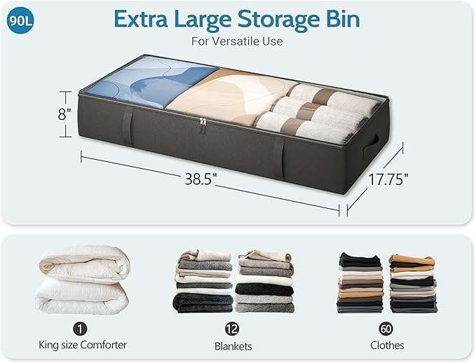 2-Pack Under Bed Storage Containers, 8 Inches Tall Underbed Clothes Storage Organizer Bin with Sturdy Sidewalls/Bottom, Under the Bed Storage Bags 2 Storage Bins, Black-CasaMuseHome