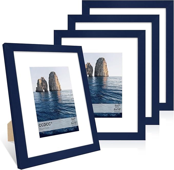 8x10 Picture Frame Set of 4, 8 x 10 Wood Photo Frames with Mat for 5x7, Natural Wooden Frame with Real Glass Cover for Wall and Tabletop Display,Blue-CasaMuseHome