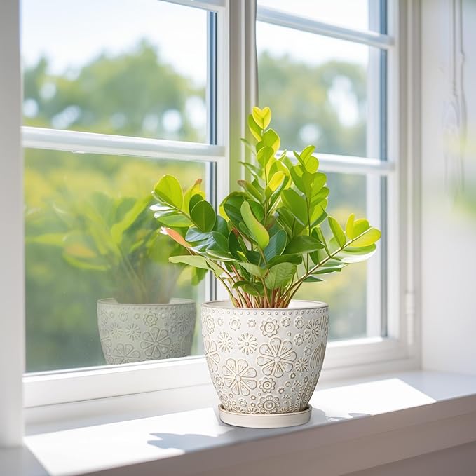 6.9 Inch Plant Pot with Drainage Hole and Saucer Ceramic Planter for Indoor Plant Flower Pot for Orchid Succulents Plants White-CasaMuseHome