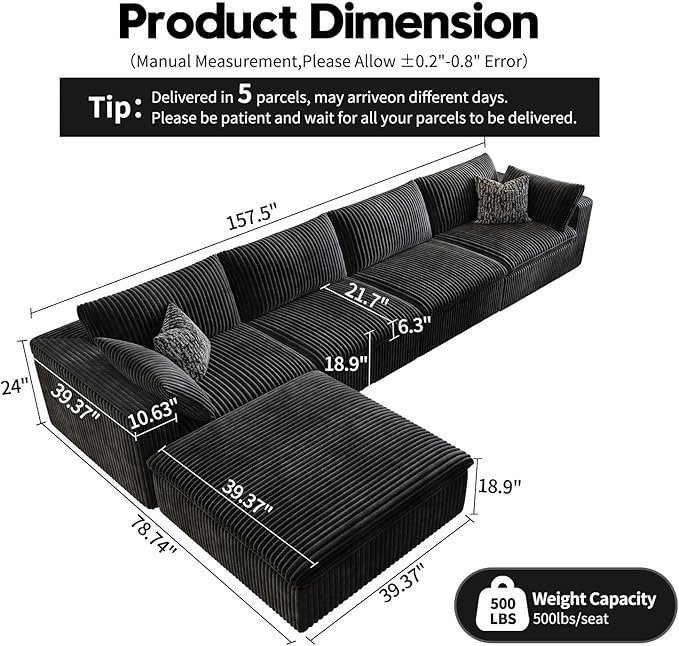 157.5" Cloud Couch Modular Sectional Sofa for Living Room,Modern Sofa with Deep Seat，L-Shape Boneless Couch with Ottoman,Comfy Upholstered Corduroy Couches for Apartment, Studio, Office,Bedroom，Black-CasaMuseHome
