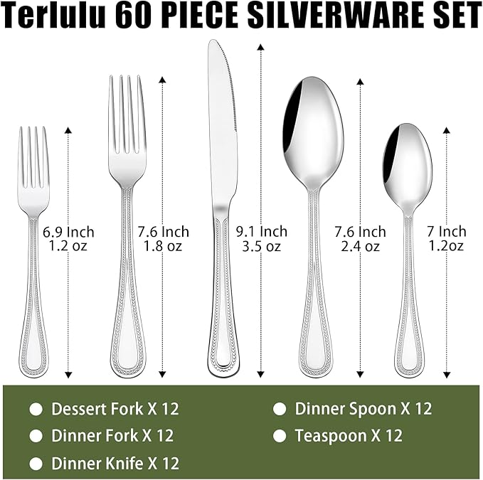60-Piece Silverware Set for 12, Stainless Steel Flatware, Mirror Polished Cutlery Set, Utensils Include Spoons, Forks, Knives for Home, Restaurant, Beaded Handle, Dishwasher Safe-CasaMuseHome