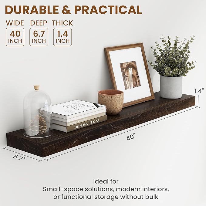40 Inch Floating Shelves for Wall, Rustic Elm Wood Shelf for Home Decor, Heavy-Duty Wooden Floating Shelves for Kitchen, Wall Mounted Storage Shelves for Bathtoom, Living Room, Walnut Color, Set of 1-CasaMuseHome
