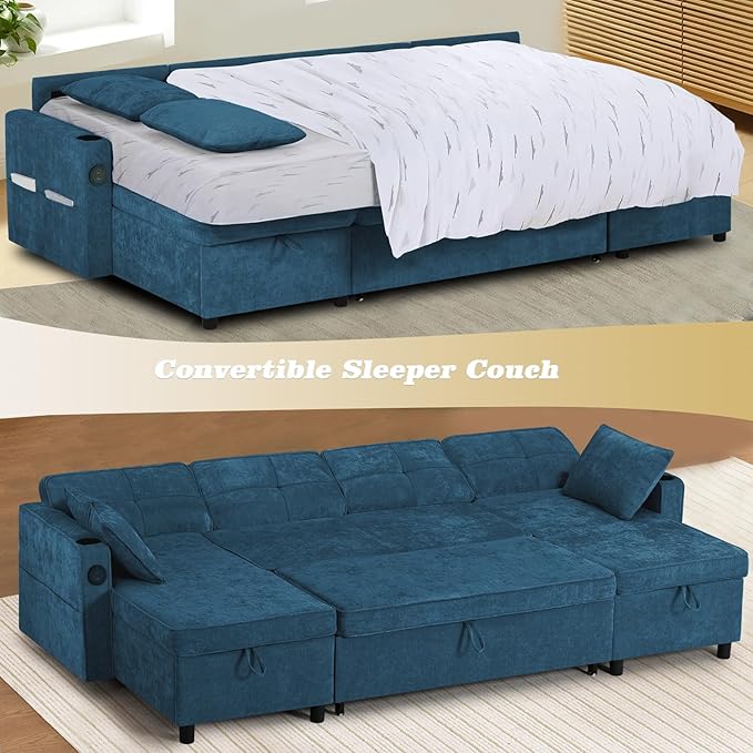110 Inches Chenille Sectional Sofa w/Pull Out Sofa Bed & Adjustable Back, Tufted U Shaped Couch w/Two Storage Chaises, Sleeper Sectional Sofa w/USB Port & Cup Holders for Living Room, Blue-CasaMuseHome