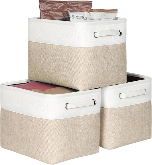 Kntiwiwo Foldable Storage Bin Collapsible Basket 12" x 10" x 9.5" Cube Storage Organizer Bins with Dual Carry Handles for Home Closet Shelves Drawers Organizer, Set of 3, Beige-CasaMuseHome