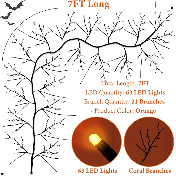7 Ft Halloween Decorations Willow Vine Twig Garland with 8 Modes Timer 63 LED Orange Lights, Halloween Garland with Waterproof Battery Operated for Wall Fireplace Decorations Indoor Outdoor-CasaMuseHome