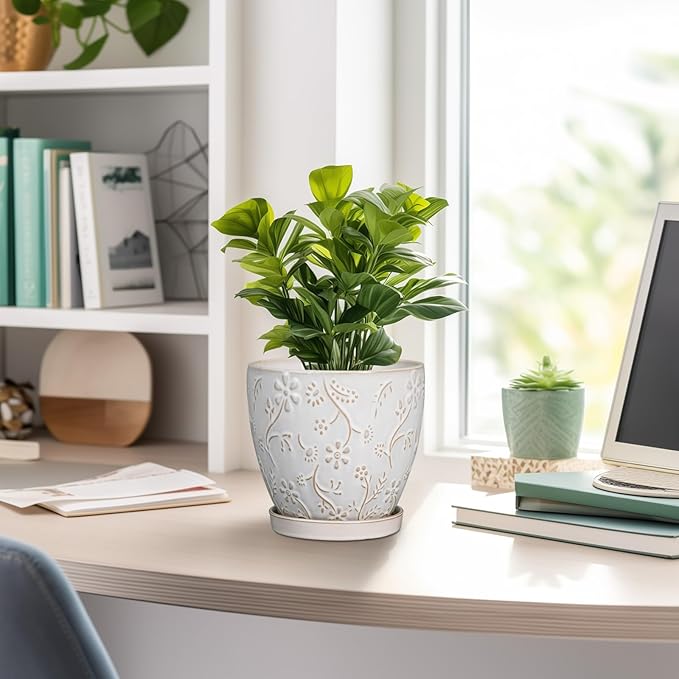 6 Inch Ceramic Plant Pot for Indoor Plants Outdoor Round Planter Flower Pot with Drainage Hole and Saucer for Home Garden Office Decor White-CasaMuseHome