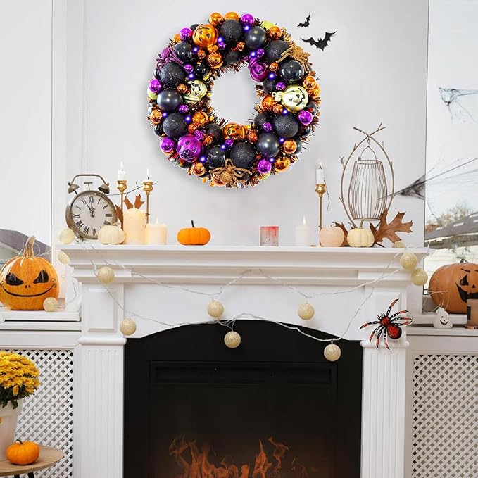 13.8 Inch Halloween Ball Wreath for Front Door with Lights, Lighted Cute Treat-or-Trick Door Wreath Ball Ornament for Halloween Indoor Decorations Centerpiece Party Holiday Wall Home Decor-CasaMuseHome